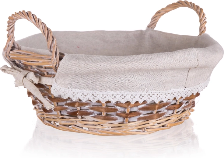 Pletena okrugla košara Duo s ručkama 30 × 11 cm, smeđobijela, čipkasti rub