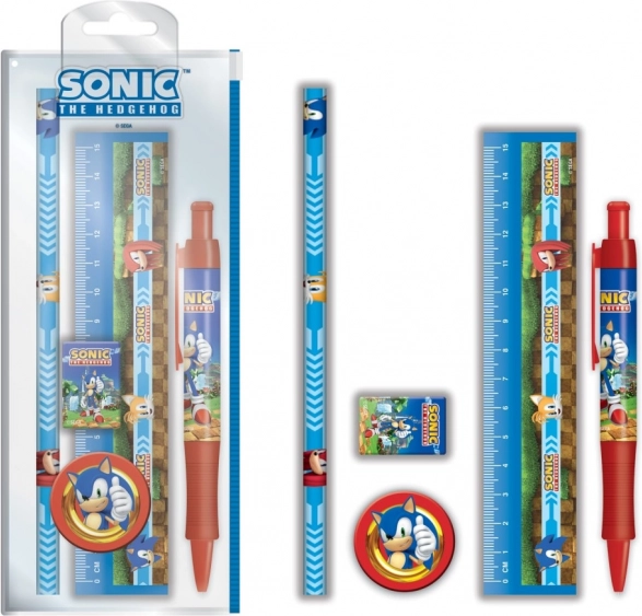 Školski set SONIC – ravnalo, kemijska, gumica, olovka i šiljilo