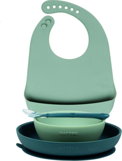 Nattou silicone dining set with bib, 4 pcs, green (BPA-free)