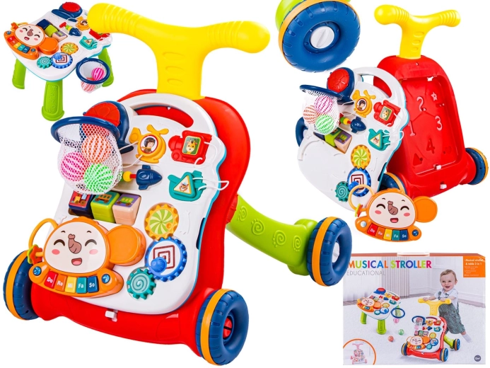 Multifunctional educational baby walker with music panel and table, red - 1 piece