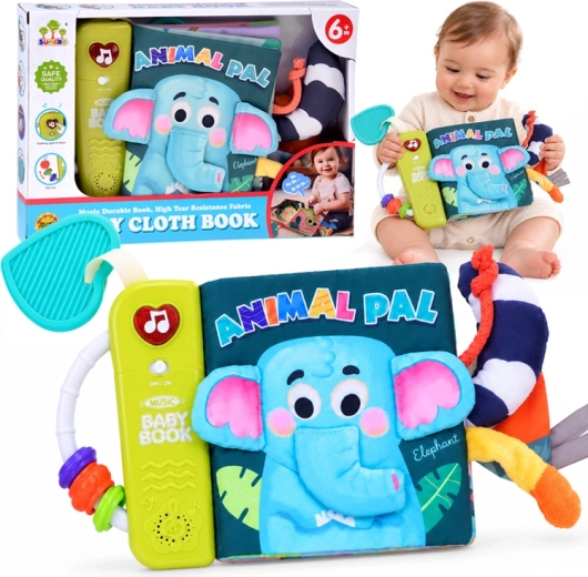 Interactive fabric sensory-motor book for babies elephant with sounds, melodies and teether - 1 piece