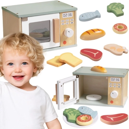Tooky Toy wooden microwave oven with food