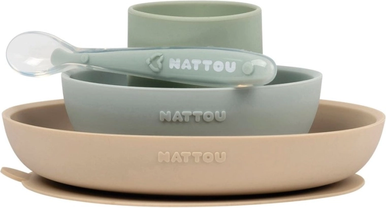 Nattou silicone feeding set, 4 pcs, sand-green, BPA-free