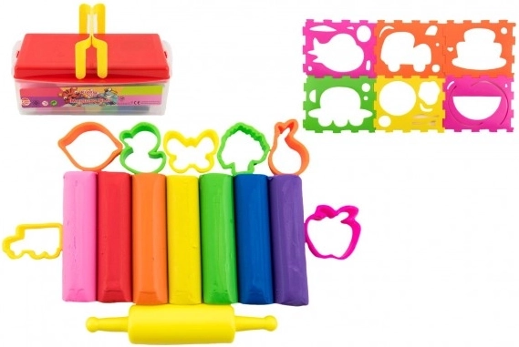 Set šarenih modelina s kalupima i valjkom u plastičnoj kutiji