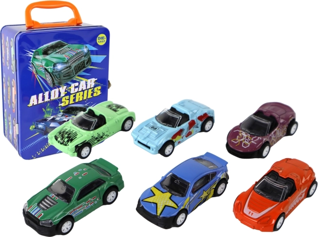 Set metalnih autića s trenjnim pogonom u limenom koferu 1:64, 6 kom