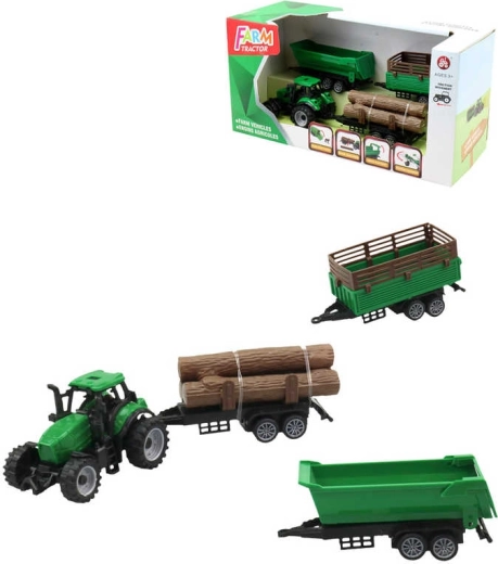 Zeleni traktor s 3 prikolice i kladama drva – igraći set