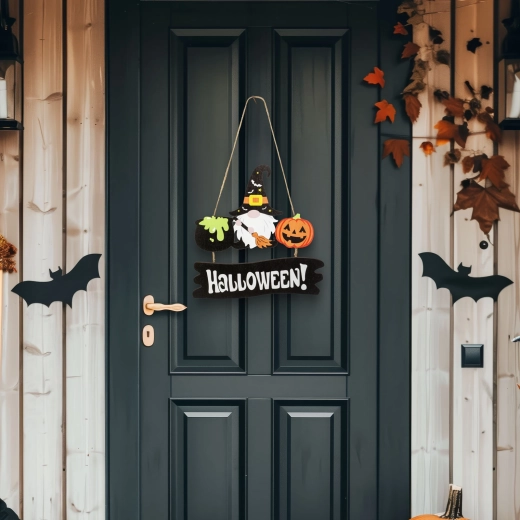 Halloween wooden hanging decoration with gnome and pumpkin