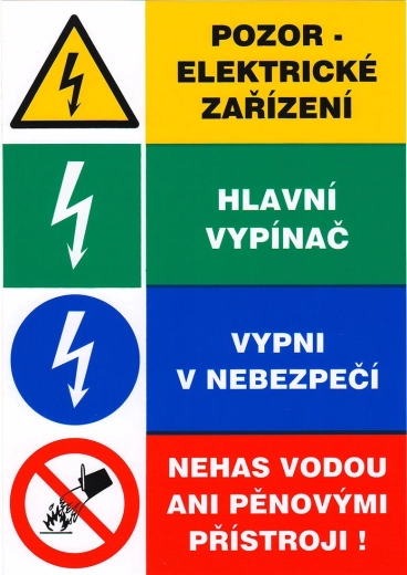 Sigurnosna naljepnica – pozor električni uređaj, glavni prekidač, isključi u opasnosti, ne gasiti vodom niti pjenastim aparatima 148 × 210 mm
