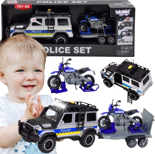 Woopie Police Off-Road Vehicle with Trailer and Motorcycle