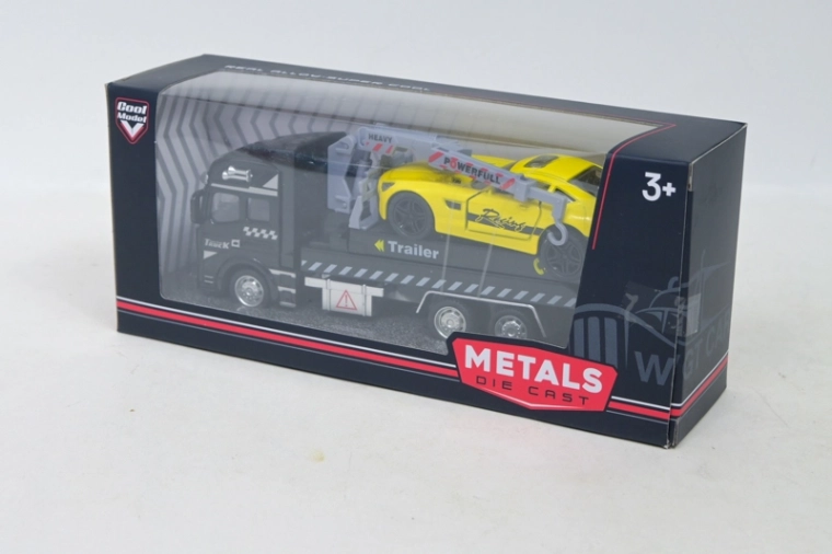 Metal tow truck with sports car in a tin box