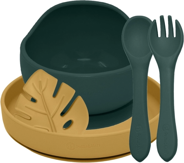 Silikonski set za hranjenje PETITE&MARS TAKE&MATCH, 4 kom, Misty Green / Intense Ochre, od 6 mjeseci