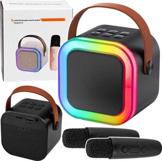 Bežični karaoke set K12 – Bluetooth zvučnik s dva mikrofona i LED svjetlima (crni)