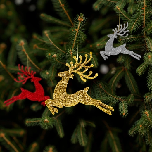 Glittery Christmas Reindeer Ornament, 12 cm, Red/Gold/Silver - 1 piece