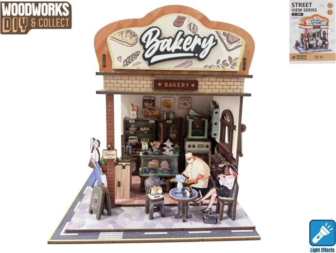 Wooden Bakery Building Kit with Light, 185 Pieces