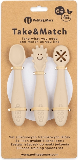 Petite&Mars set 3 silikonske trening žličice Take&Match desert sand 6m+