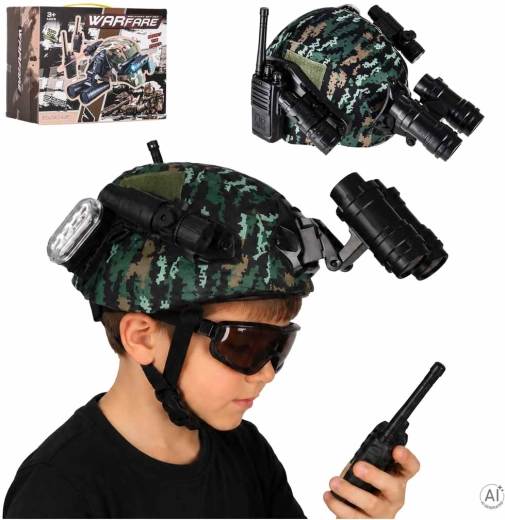Children's military helmet with walkie-talkies, binoculars and accessories