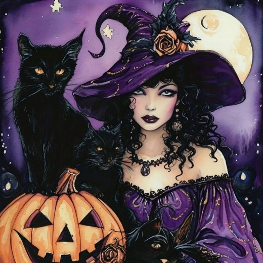 Dijamantno slikanje vještice s crnom mačkom i bundevom 30 × 40 cm