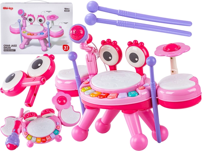 Educational mini crab drum set with piano and microphone, pink - 1 piece