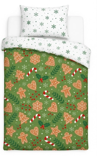 Božićna posteljina Holly Jolly s medenjacima i pahuljicama, zelena, 140 × 200 cm