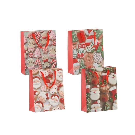 Božićne poklon-vrećice s motivom kolačića 18 × 24 × 8 cm, crvene vrpce, set 12 kom