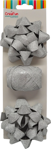 Sjajni srebrni poklon-set za umatanje (traka 10 m + 2 zvjezdaste mašne 9 cm)