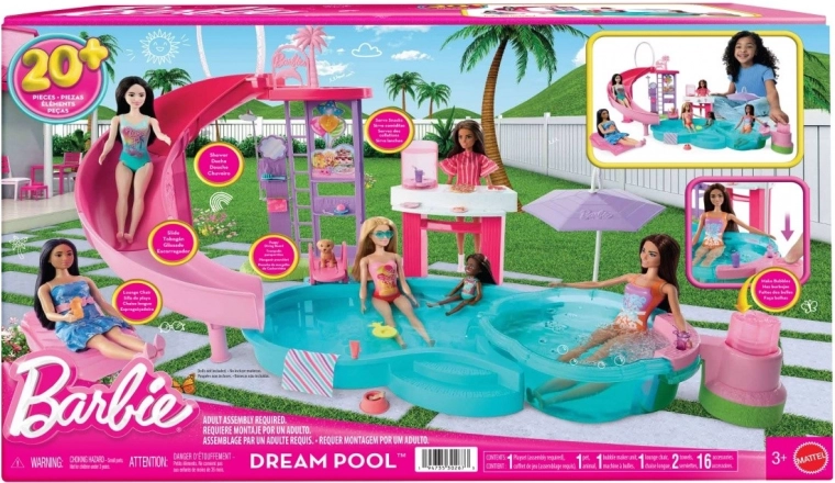 barbie bazen snova – set za igru s toboganom, jacuzzijem i snack barom