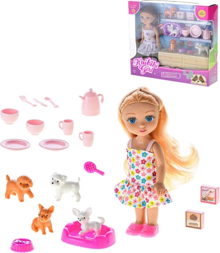 Igraći set s lutkom 16 cm, psićima i posuđem – 1 komad