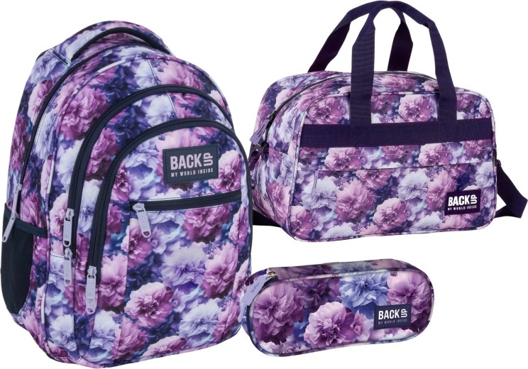 BackUP Violet Bloom discounted 3-in-1 set: school backpack, pencil case and sports bag