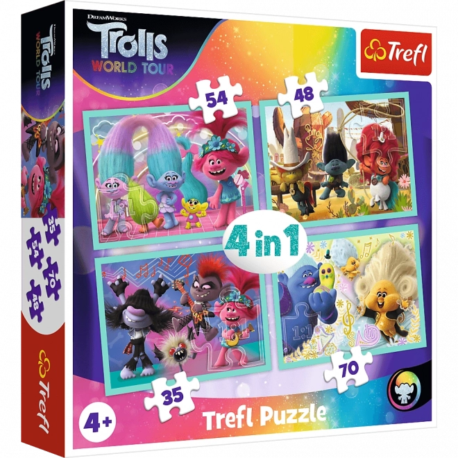 Puzzle TREFL Trollovi 2: Svjetska turneja 4u1 (35, 48, 54, 70 dijelova)