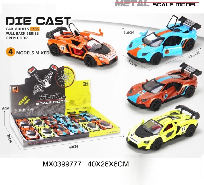 Metalni trkaći autić 1:36 s otvarajućim vratima i pogonom na inerciju