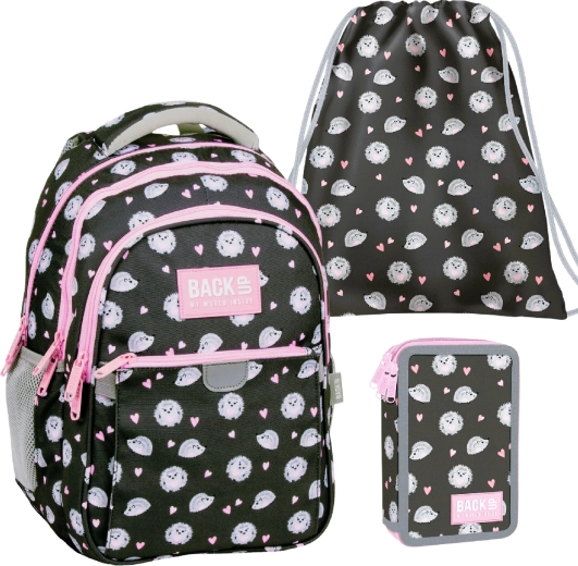 BackUP school set Sweet Hedgehogs 3-in-1 – backpack, filled pencil case and drawstring bag