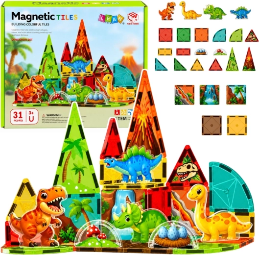 Magnetic building tiles dinosaurs – volcano, 31 pieces