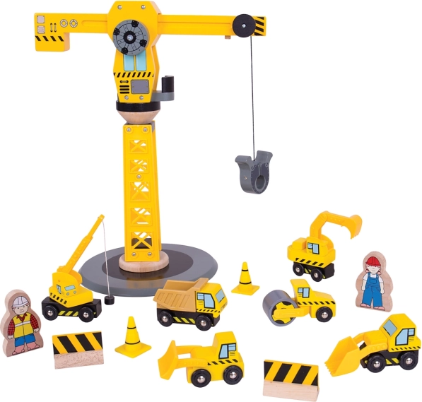 Drveni građevinski set s dizalicom BIGJIGS RAIL