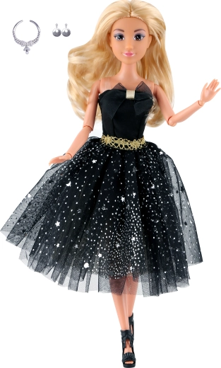 Modna lutka u kratkoj crnoj večernjoj haljini