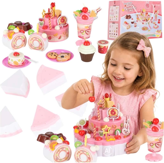 Children’s birthday cake toy for slicing with hook-and-loop fastener, with music and lights, 117 pieces, pink