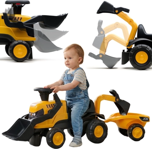 Guralica traktor JCB s prikolicom, lopaticom i grabljicama za djecu 1–3 godine