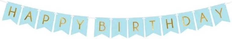 PartyDeco rođendanski banner Happy Birthday svijetloplavi sa zlatnim natpisom 15 × 175 cm