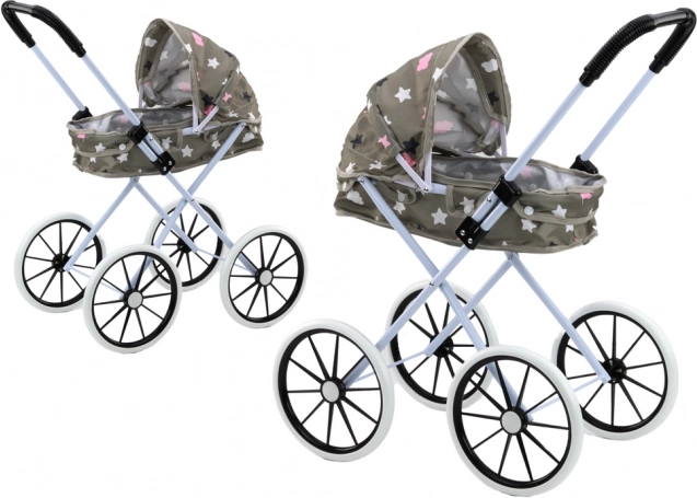 Kolica za lutke sa sklopivom tendom, velika pjenasta kotača, siva s zvjezdicama