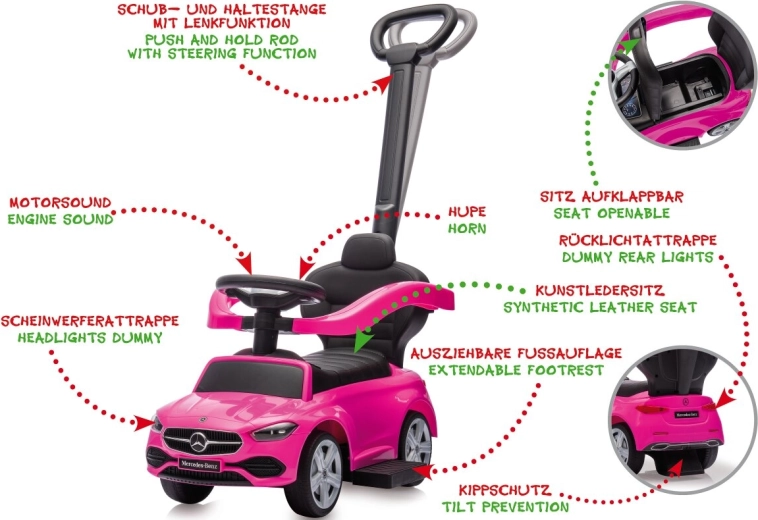 Mercedes-Benz C-Class 3-in-1 Ride-On Car for Children, Pink