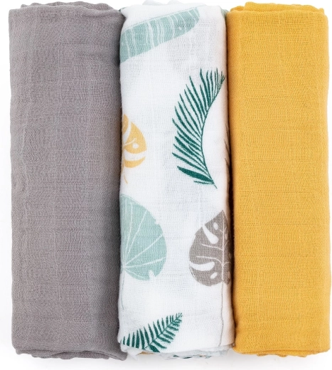 Petite&Mars set bambusovih muslinskih pelena Moussy ochre leaves 3 kom 68 × 68 cm