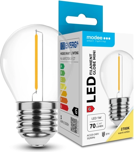 Modee LED filament mini žarulja G45 1W E27, toplo bijela 2700K, 70 lm