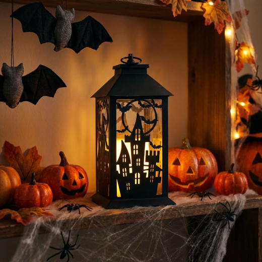Halloween flashing lantern with castle, battery-powered
