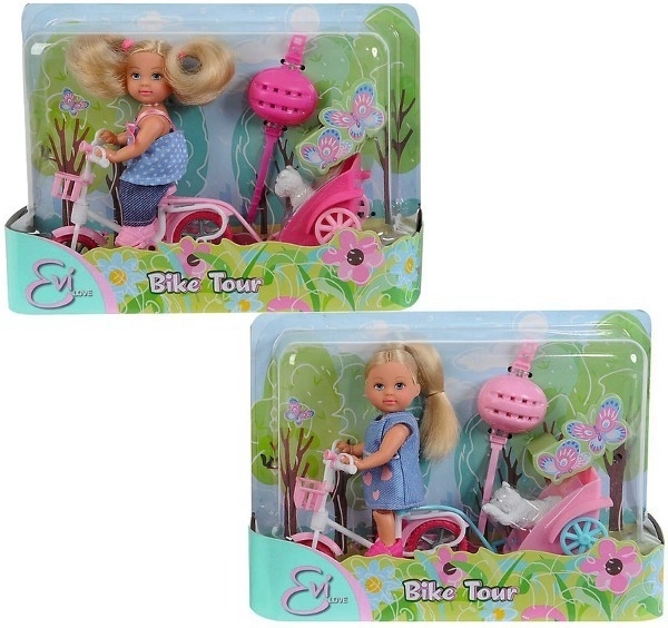 Lutkica Evi Love na biciklu s prikolicom i psićem