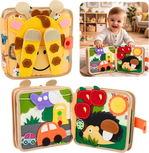 Senzorna filcana knjižica sa žirafom – edukativna tiha knjiga za djecu