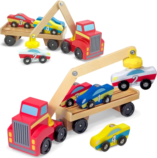 Melissa & Doug dřevěný odtahový vůz s magnetickým jeřábem a autíčky
