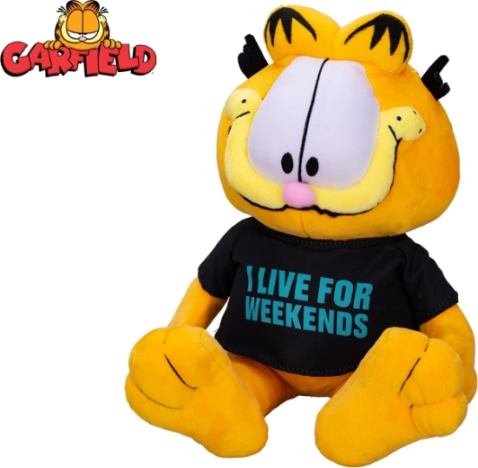 Plišani mačak GARFIELD 24 cm – sjedeći, majica I live for weekends