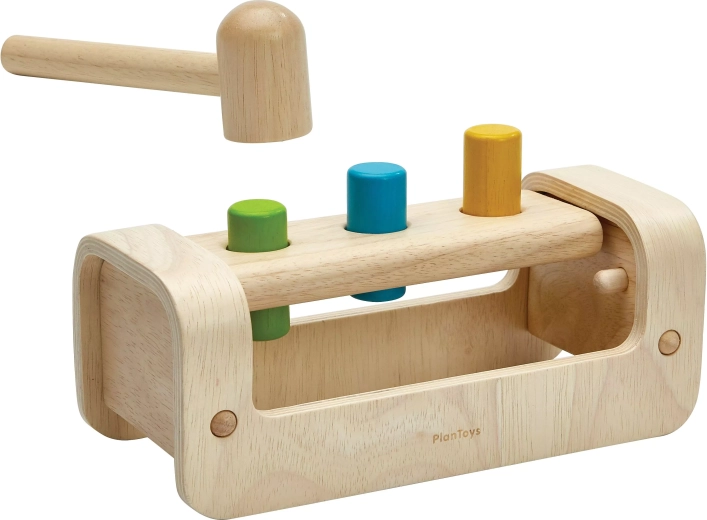 PlanToys wooden pounding bench with colorful cylinders