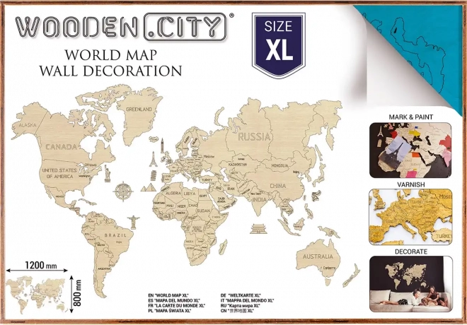 Drvena karta svijeta za 3D zid XL – prirodna tirkizna