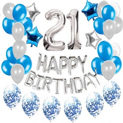 Set balona za 21. rođendan - srebrni i plavi
