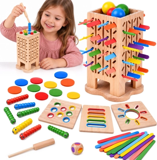 Wooden Educational 5-in-1 Game with Tower, Marbles and Sticks